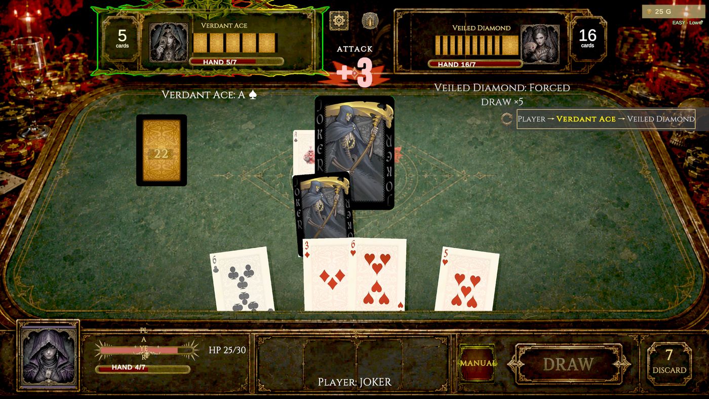 A three-way card battle on the green table
