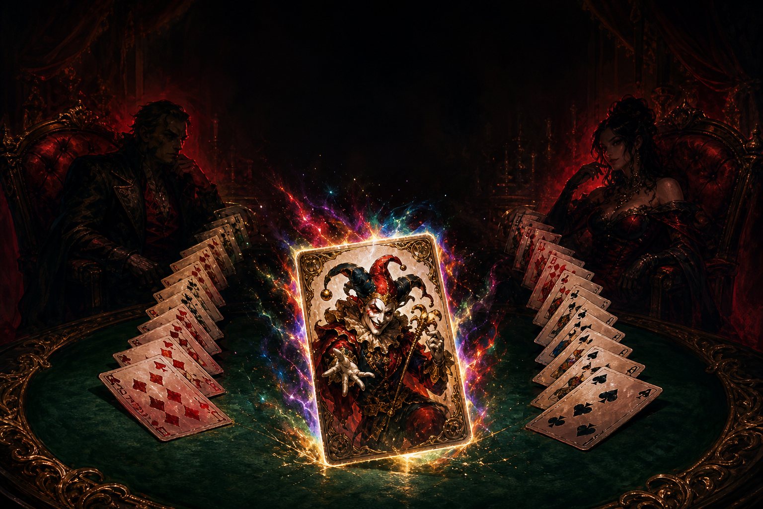 Key art: a lone player faces two rivals across a green casino table, a glowing Joker card between them.